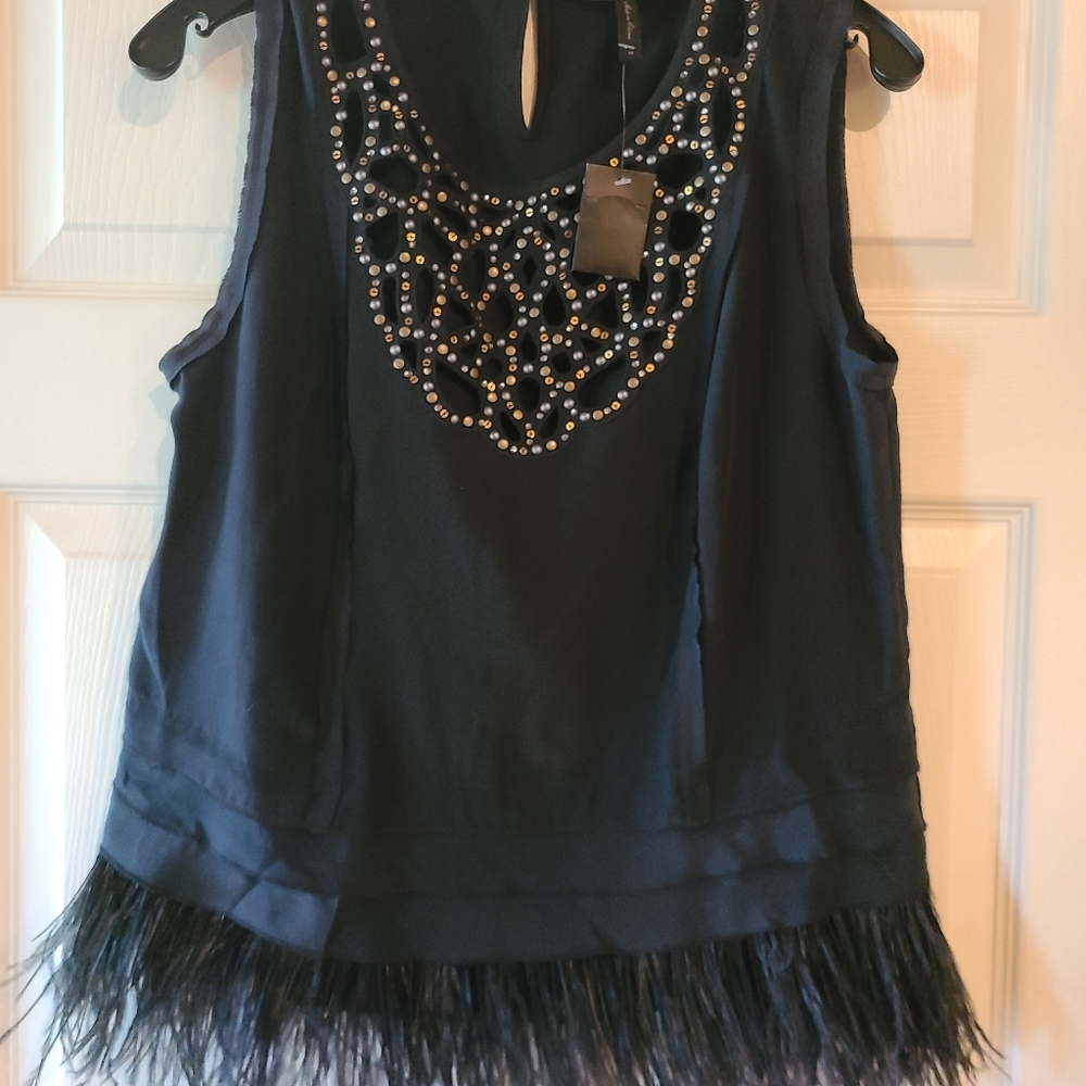 BCBG silk top with beading and feathers